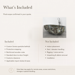 Soreia Asymmetric Oval Freestanding Soaking Bathtub – Celestia Blue Quartzite — What’s Included in the Reference Price.