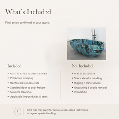Soreia Asymmetric Oval Freestanding Soaking Bathtub – Danube Blue Quartzite — What’s Included in the Reference Price.