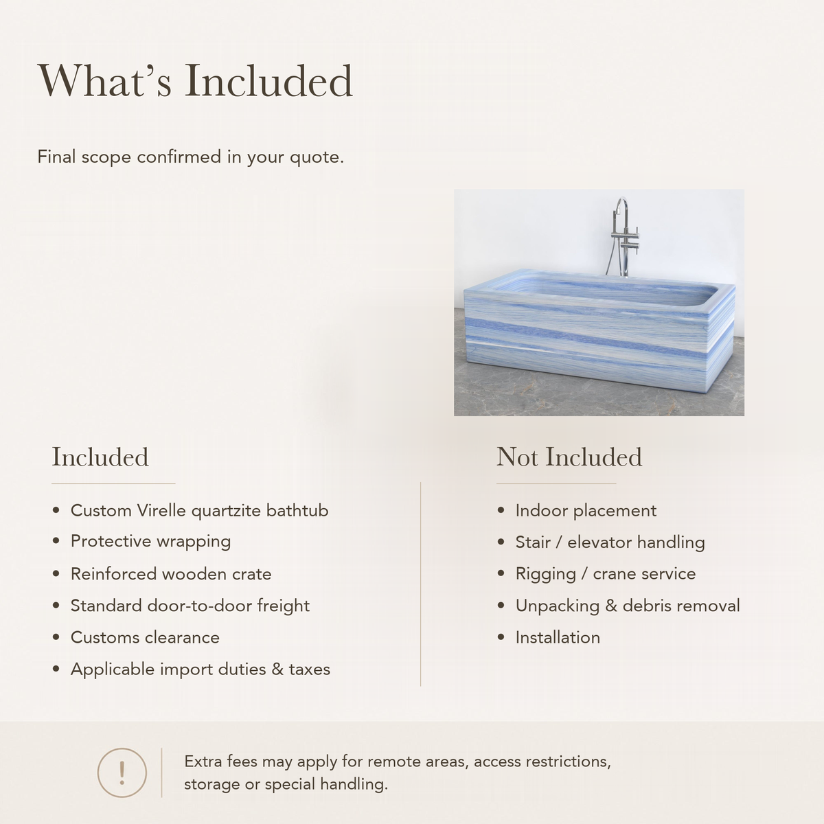 Virelle Rectangular Freestanding Soaking Bathtub – Azura Blue Quartzite — What’s Included in the Reference Price.