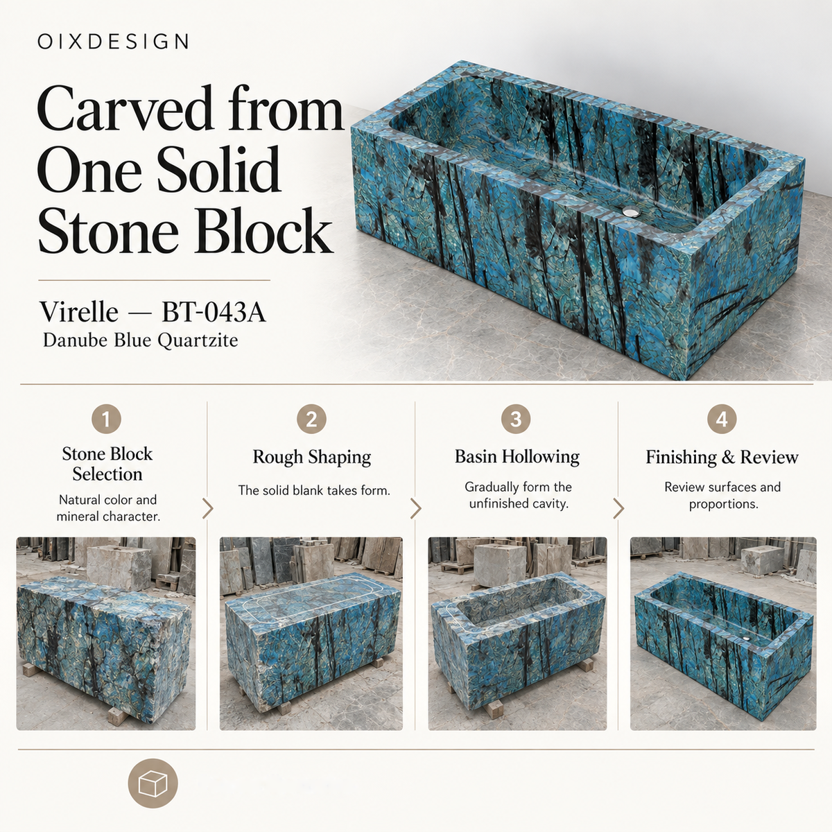 OIXDESIGN Virelle BT 043A Danube Blue Quartzite craftsmanship process overview