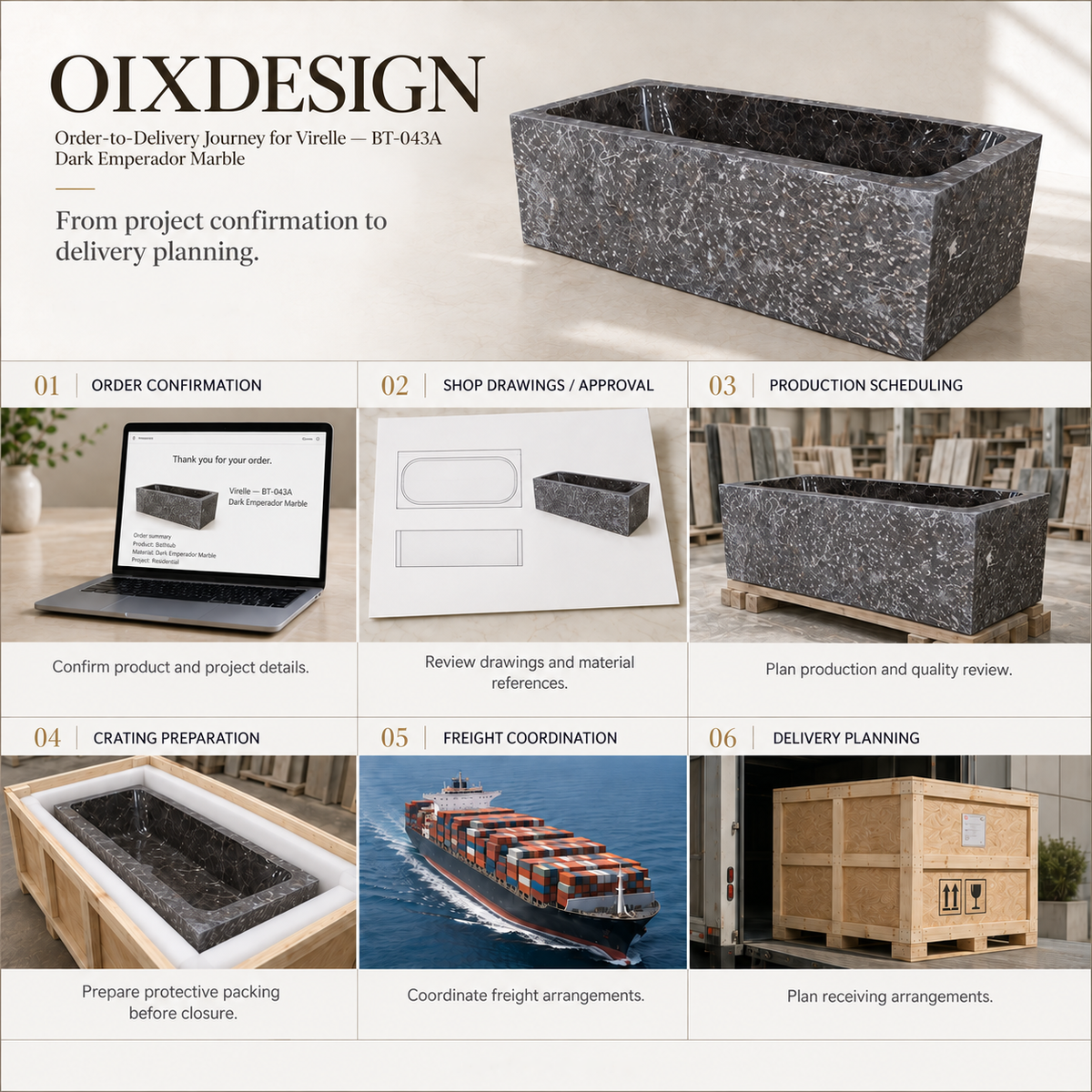 Virelle BT-043A Dark Emperador Marble bathtub — order-to-delivery