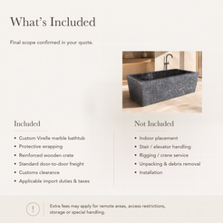 Virelle Rectangular Freestanding Soaking Bathtub – Dark Emperador Marble — What’s Included in the Reference Price.