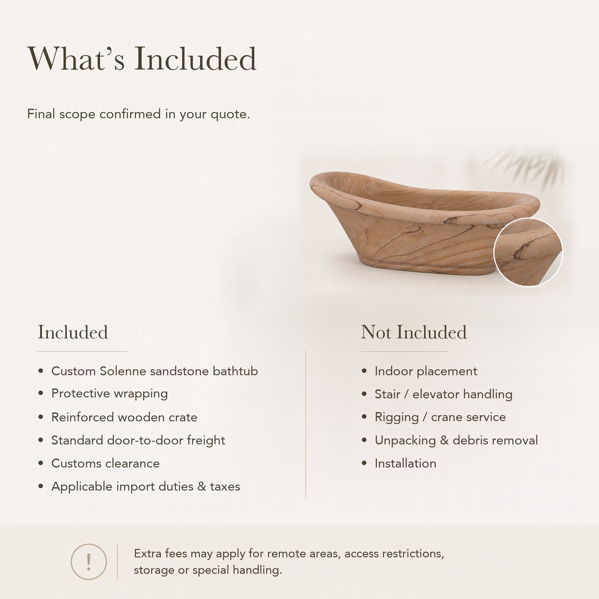 Solenne Raised-End Freestanding Soaking Bathtub – Natural Sandstone — What’s Included in the Reference Price.