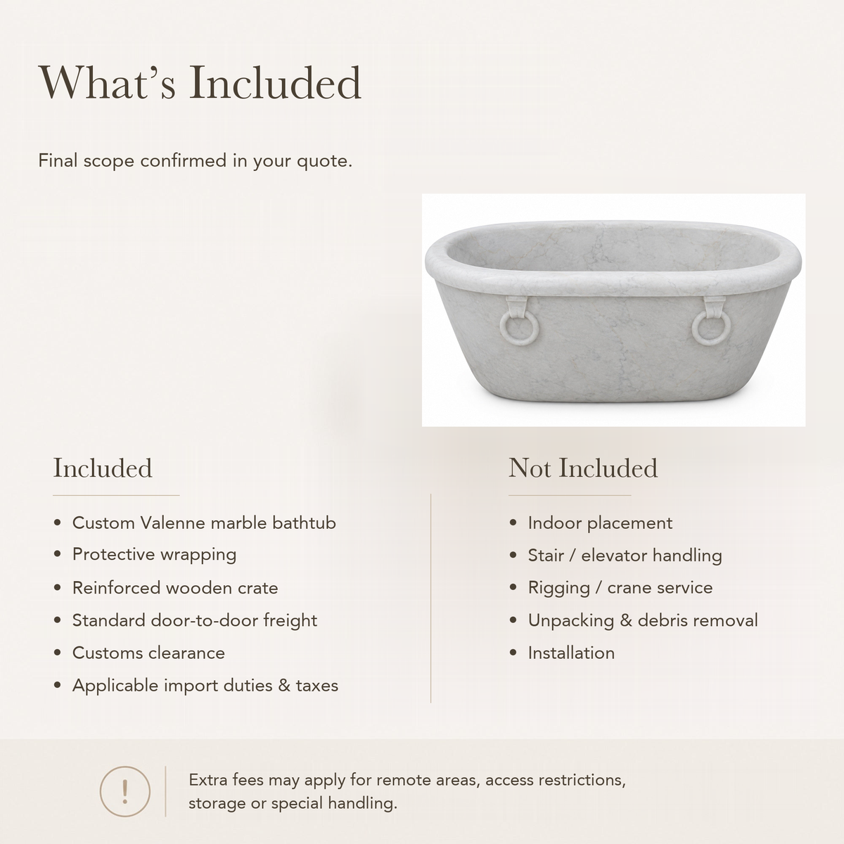 Valenne Rolled-Rim Freestanding Soaking Bathtub – Italian Carrara White Marble — What’s Included in the Reference Price.