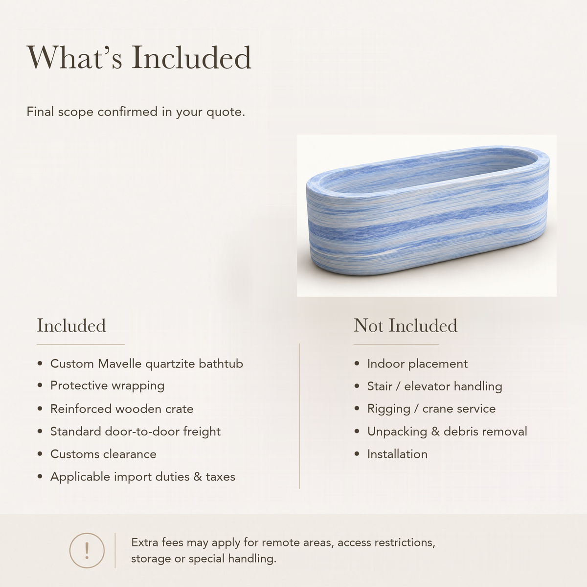 Mavelle Rounded-Rectangle Freestanding Soaking Bathtub – Azura Blue Quartzite — What’s Included in the Reference Price.