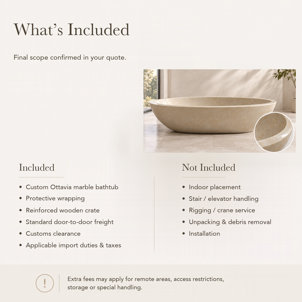 Ottavia Oval Bowl Freestanding Soaking Bathtub – Spanish Crema Marfil Marble — What’s Included in the Reference Price.
