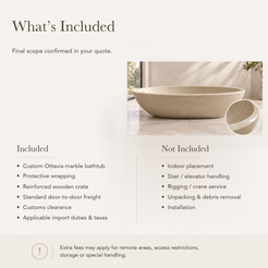 Ottavia Oval Bowl Freestanding Soaking Bathtub – Spanish Crema Marfil Marble — What’s Included in the Reference Price.