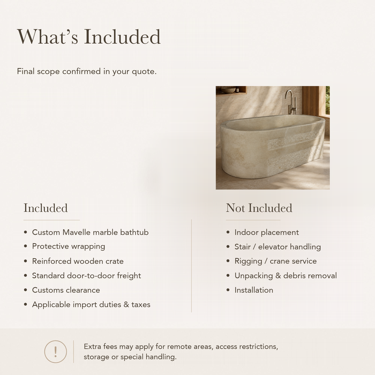 Mavelle Rounded-Rectangle Freestanding Soaking Bathtub – Galala Marble — What’s Included in the Reference Price.