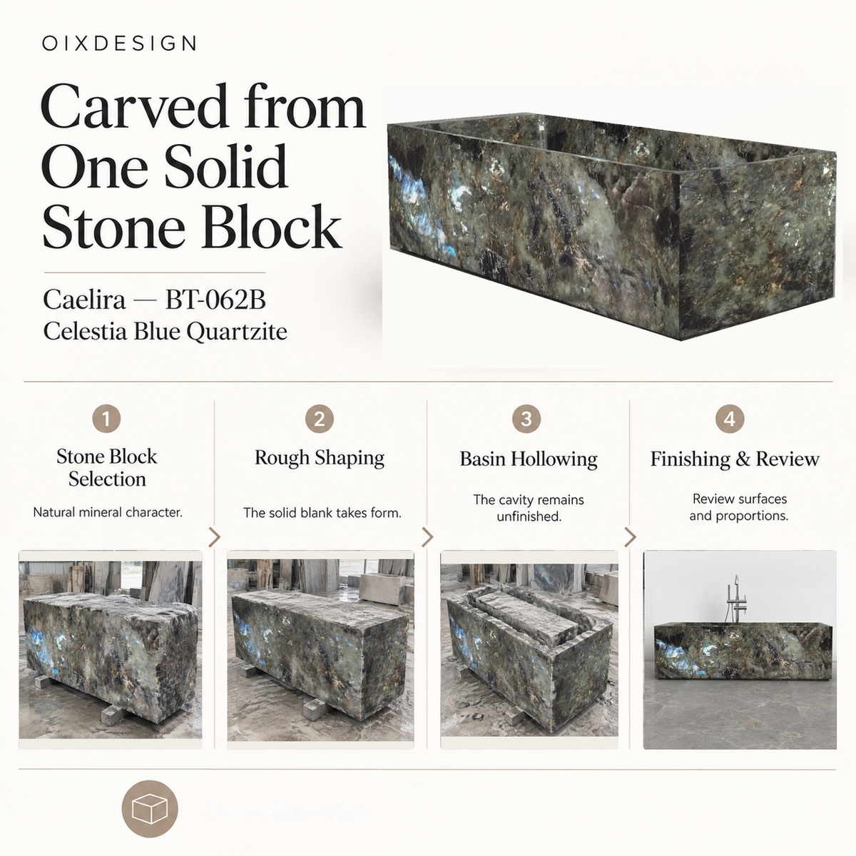 OIXDESIGN Caelira BT-062B Celestia Blue Quartzite bathtub craftsmanship and production