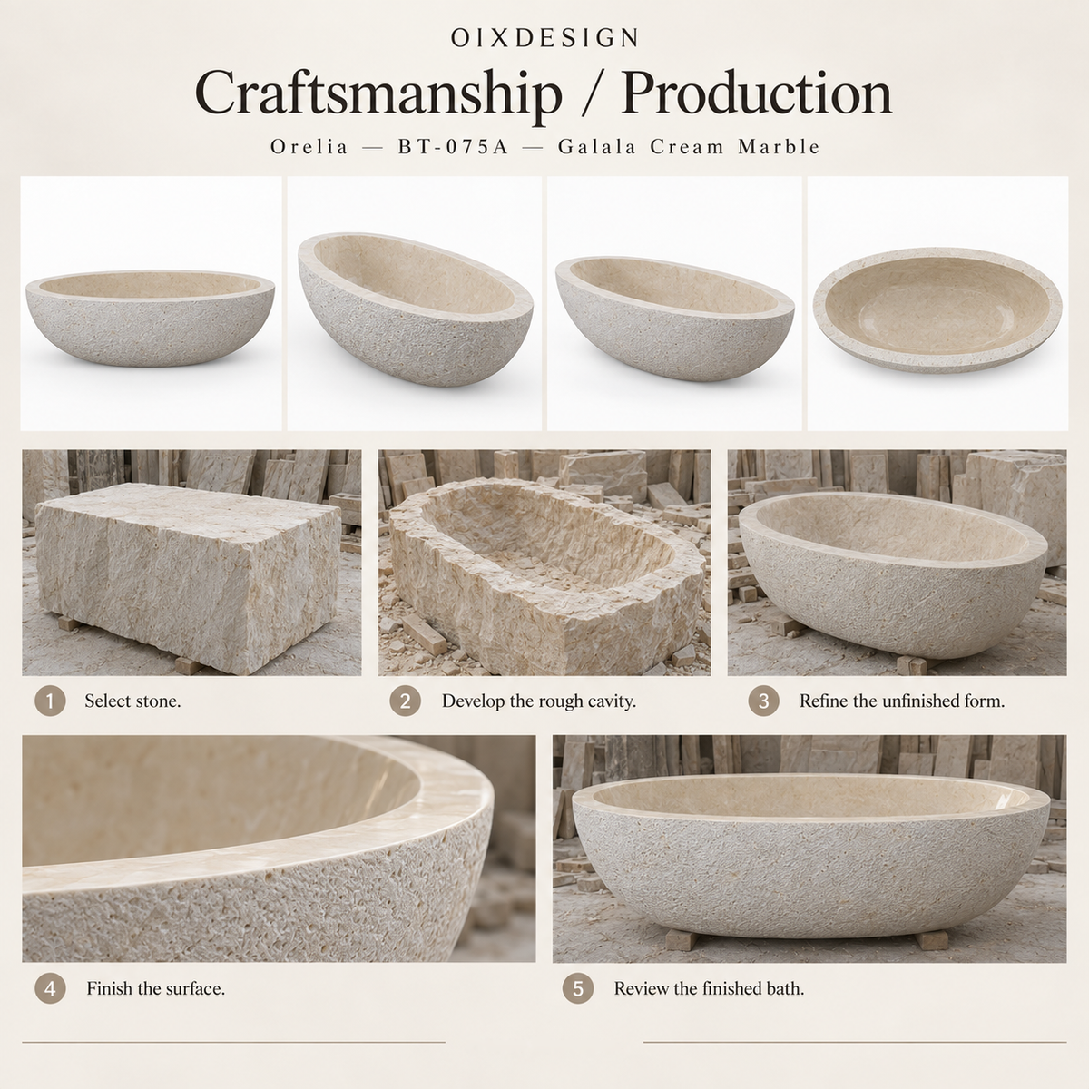 Orelia BT-075A Galala Cream Marble bathtub — craftsmanship and production