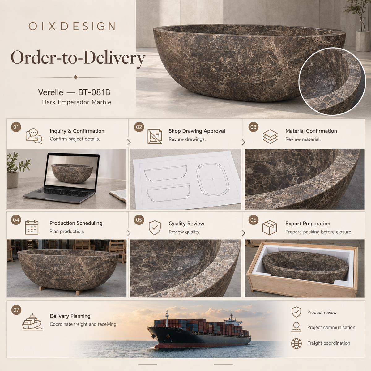 Verelle BT-081B Dark Emperador Marble bathtub — order-to-delivery