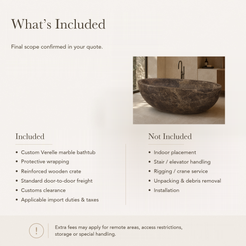 Verelle Sculptural Oval Freestanding Soaking Bathtub – Dark Emperador Marble — What’s Included in the Reference Price.