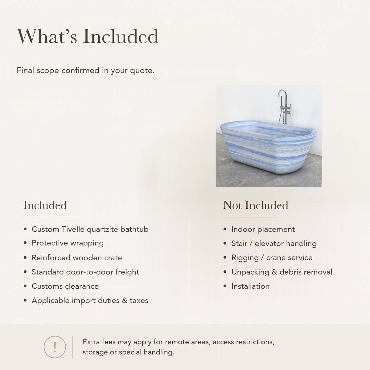 Tivelle Flared Rounded-Rectangle Freestanding Soaking Bathtub – Azura Blue Quartzite — What’s Included in the Reference Price.