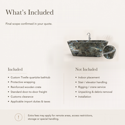 Tivelle Flared Rounded-Rectangle Freestanding Soaking Bathtub – Celestia Blue Quartzite — What’s Included in the Reference Price.