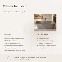 Tivelle Flared Rounded-Rectangle Freestanding Soaking Bathtub – Perlato Marble — What’s Included in the Reference Price.