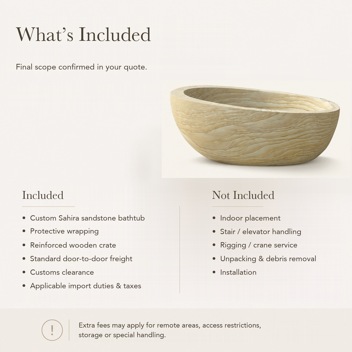 Sahira Raised-End Oval Freestanding Soaking Bathtub – Natural Sandstone — What’s Included in the Reference Price.