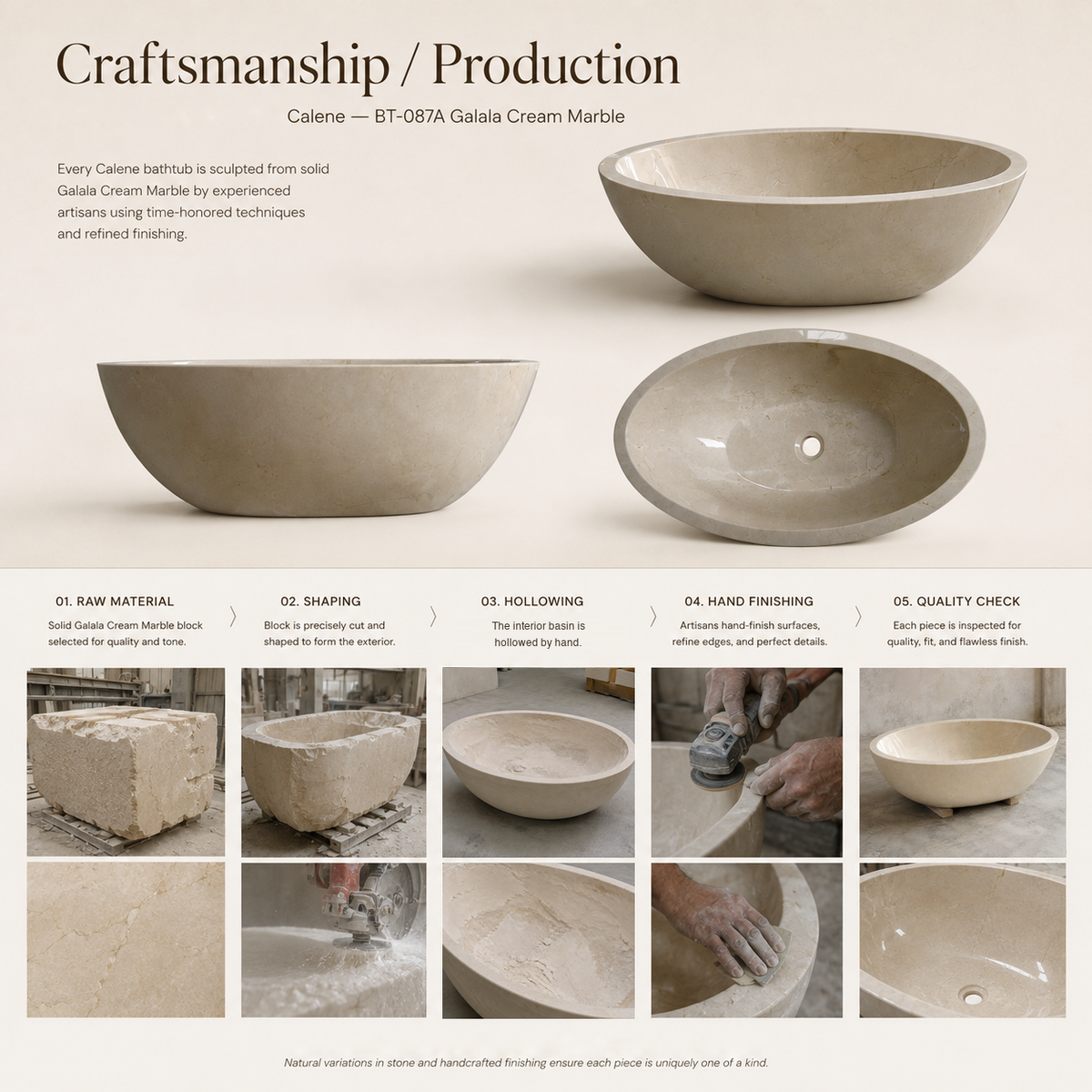 Calene BT-087A Galala Cream Marble bathtub — craftsmanship and production