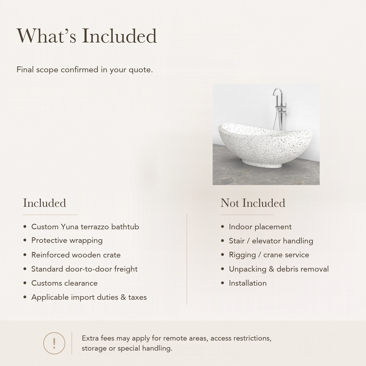 Yuna Freestanding Alba White Terrazzo Soaking Bathtub — What’s Included in the Reference Price.