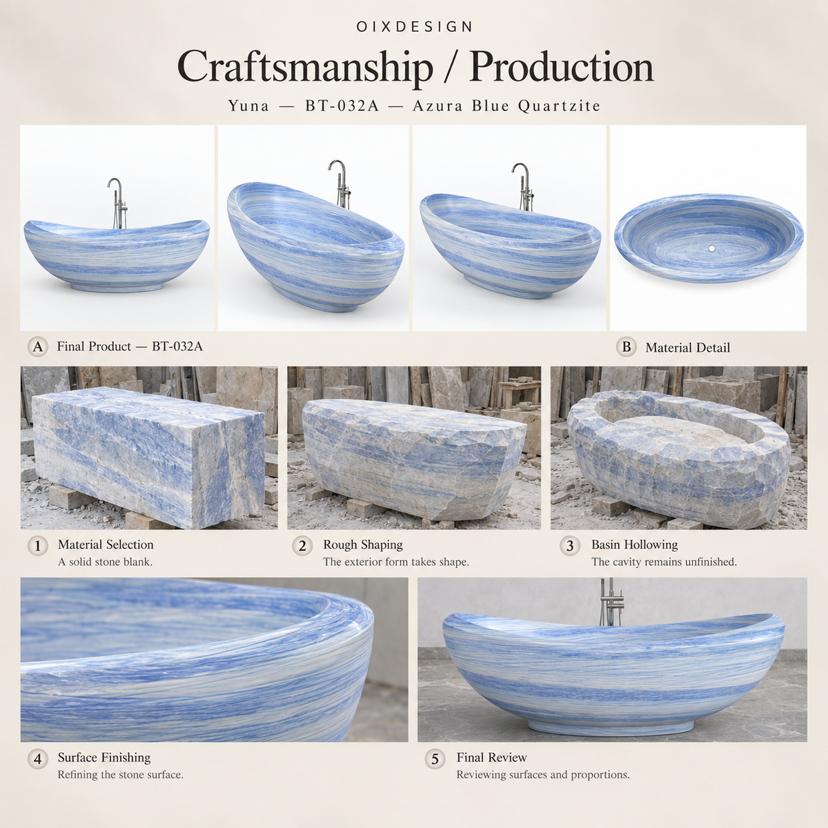 OIXDESIGN Yuna BT 032A Azura Blue Quartzite craftsmanship process overview; product-specific scenes