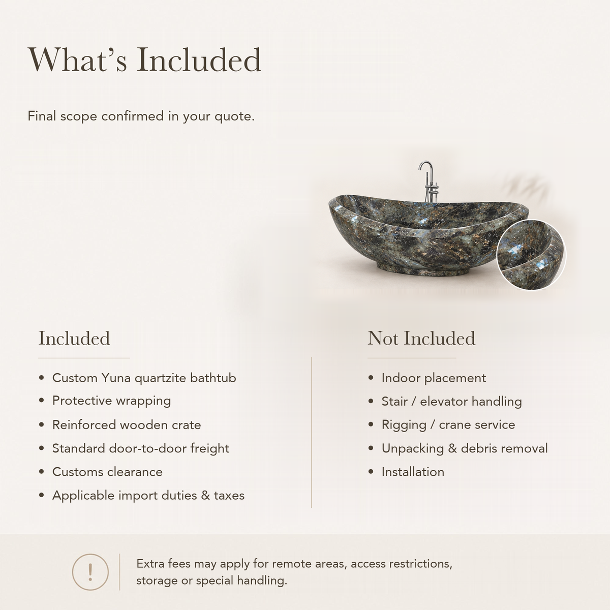 Yuna Freestanding Celestia Blue Quartzite Soaking Bathtub — What’s Included in the Reference Price.