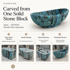 OIXDESIGN Yuna BT 032A Danube Blue Quartzite craftsmanship process overview; product-specific scenes