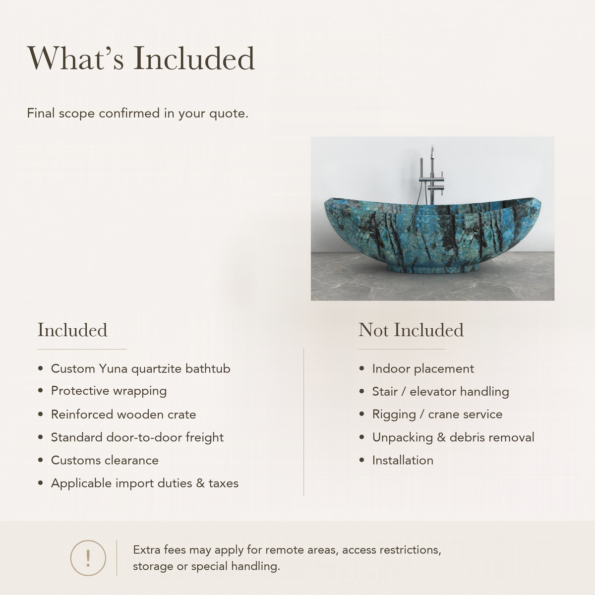Yuna Freestanding Danube Blue Quartzite Soaking Bathtub — What’s Included in the Reference Price.