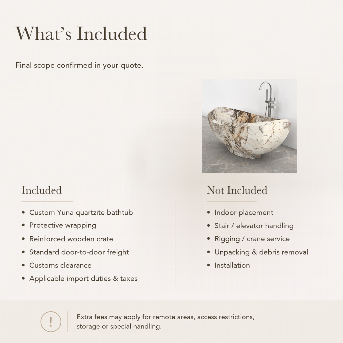 Yuna Freestanding Pandora Blanc Quartzite Soaking Bathtub — What’s Included in the Reference Price.