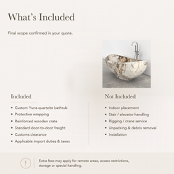 Yuna Freestanding Pandora Blanc Quartzite Soaking Bathtub — What’s Included in the Reference Price.