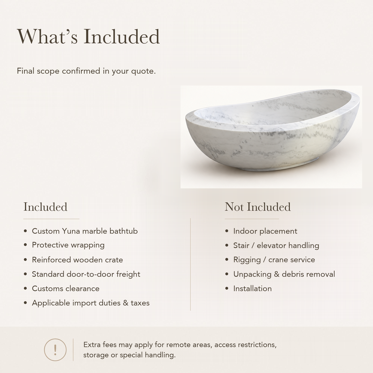 Yuna Freestanding Ivory Cloud Marble Soaking Bathtub — What’s Included in the Reference Price.