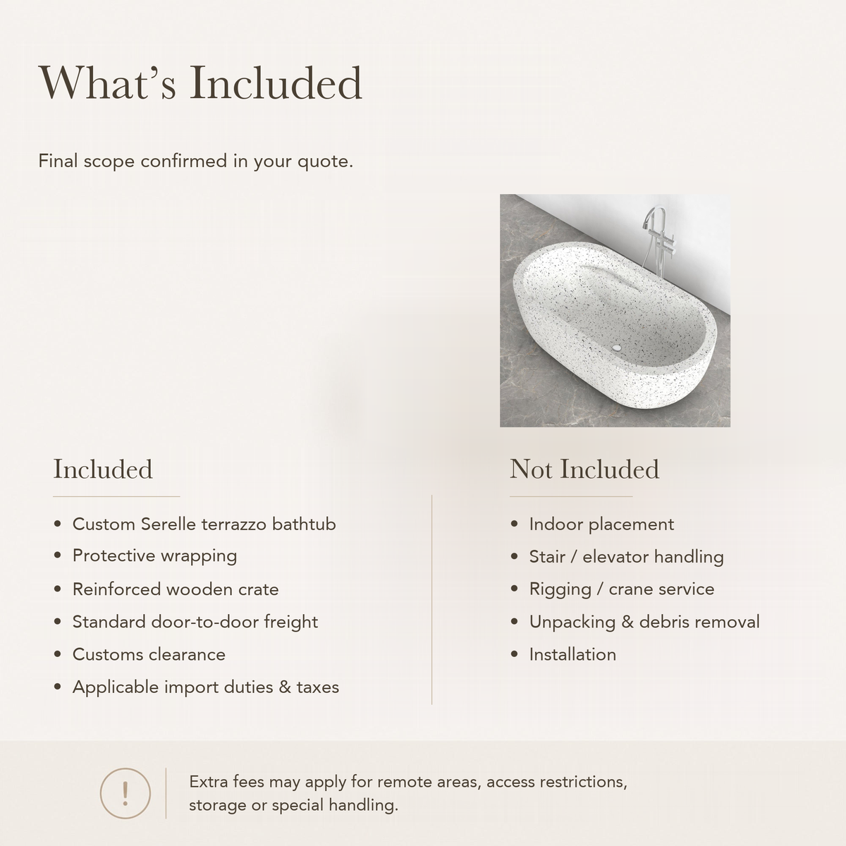 Serelle Soft-Capsule Freestanding Soaking Bathtub – Alba White Terrazzo — What’s Included in the Reference Price.