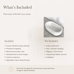 Serelle Soft-Capsule Freestanding Soaking Bathtub – Alba White Terrazzo — What’s Included in the Reference Price.