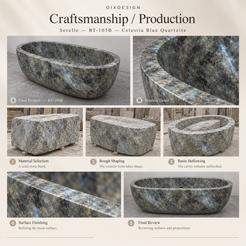 OIXDESIGN Serelle BT 105B Celestia Blue Quartzite craftsmanship process overview; product-specific scenes