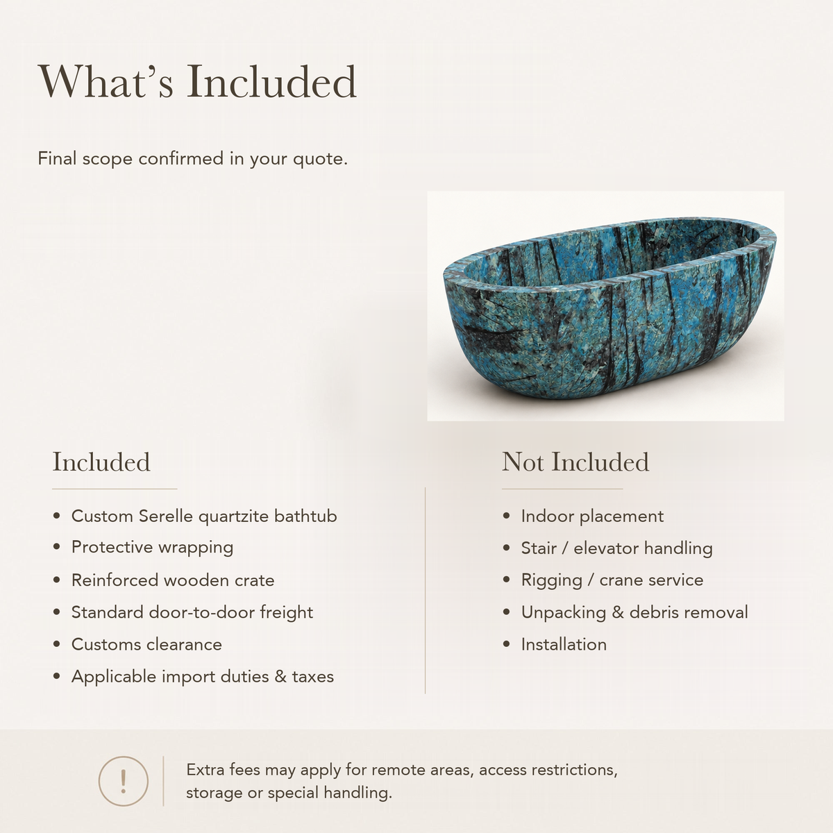 Serelle Soft-Capsule Freestanding Soaking Bathtub – Danube Blue Quartzite — What’s Included in the Reference Price.