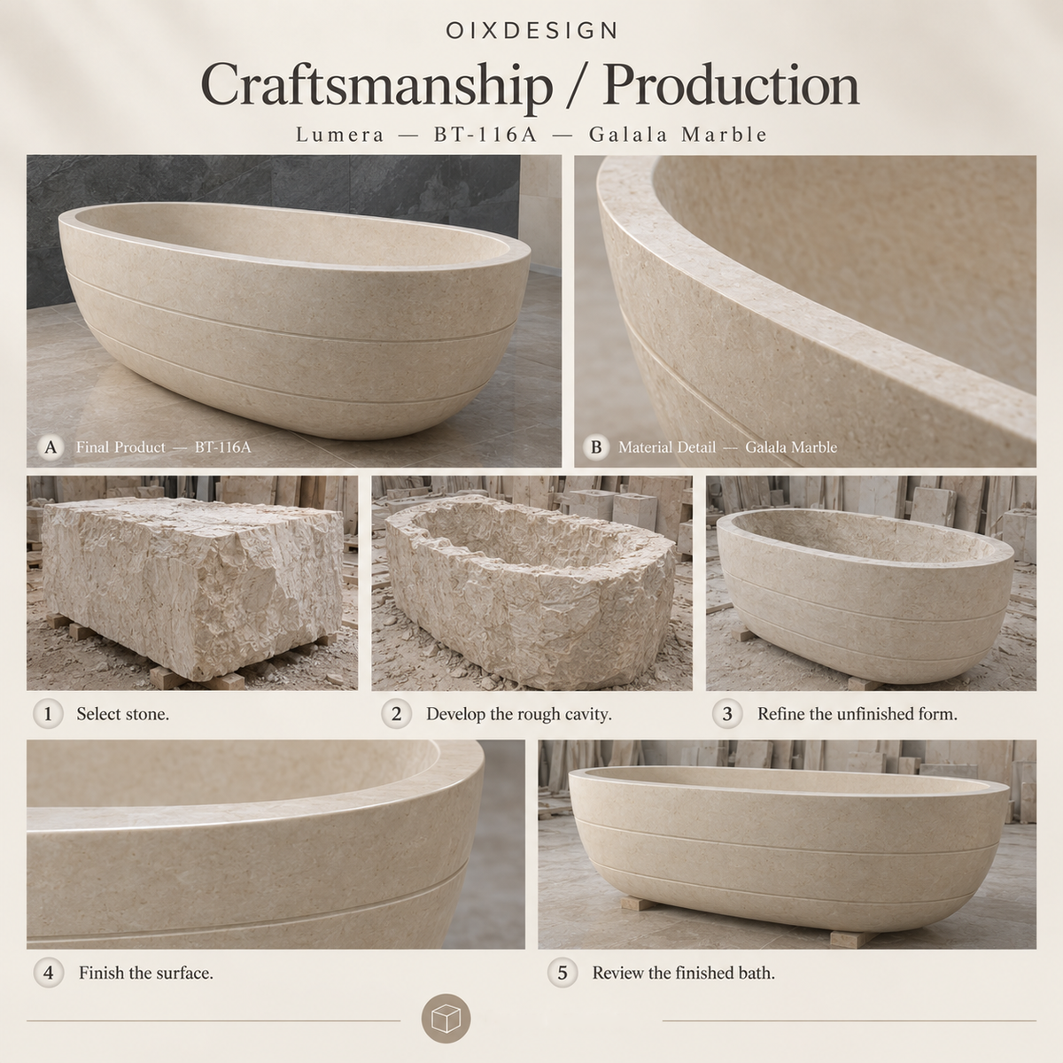 Lumera BT-116A Galala Marble bathtub — craftsmanship and production