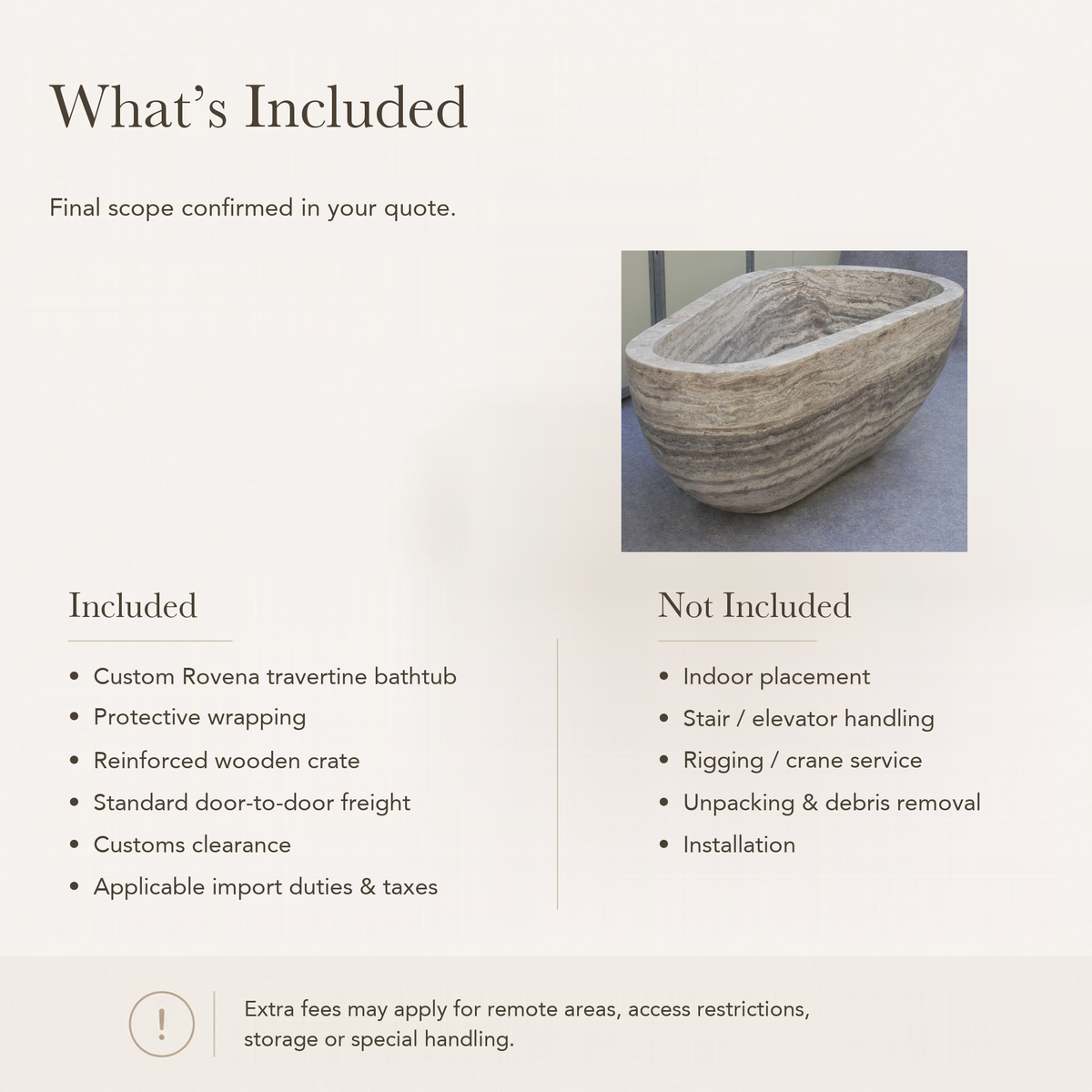 Rovena Roman Silver Travertine stone bathtub — reference price inclusions and exclusions.