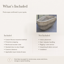 Rovena Roman Silver Travertine stone bathtub — reference price inclusions and exclusions.