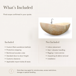 Elaris Sculptural Boat-Form Freestanding Soaking Bathtub – Natural Sandstone — What’s Included in the Reference Price.