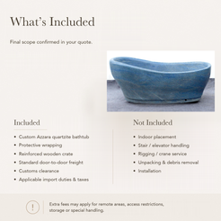 Azzara Sculptural Oval Freestanding Soaking Bathtub – Azura Blue Quartzite — What’s Included in the Reference Price.