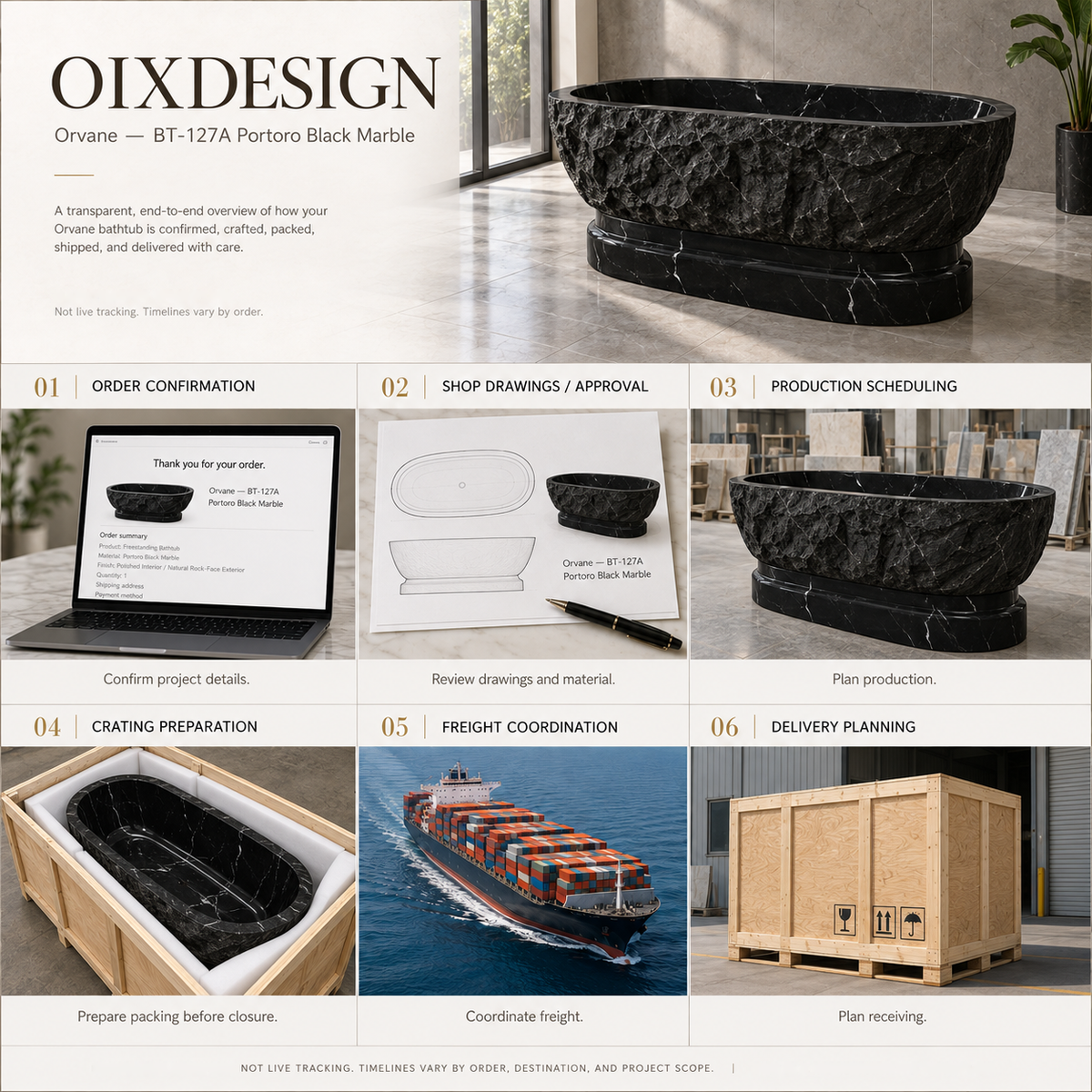 Orvane BT-127A Portoro Black Marble bathtub — order-to-delivery