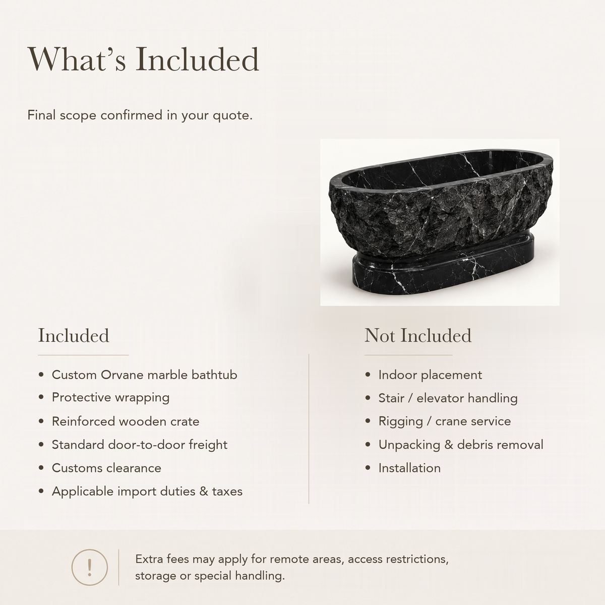Orvane Sculptural Freestanding Soaking Bathtub – Portoro Black Marble — What’s Included in the Reference Price.