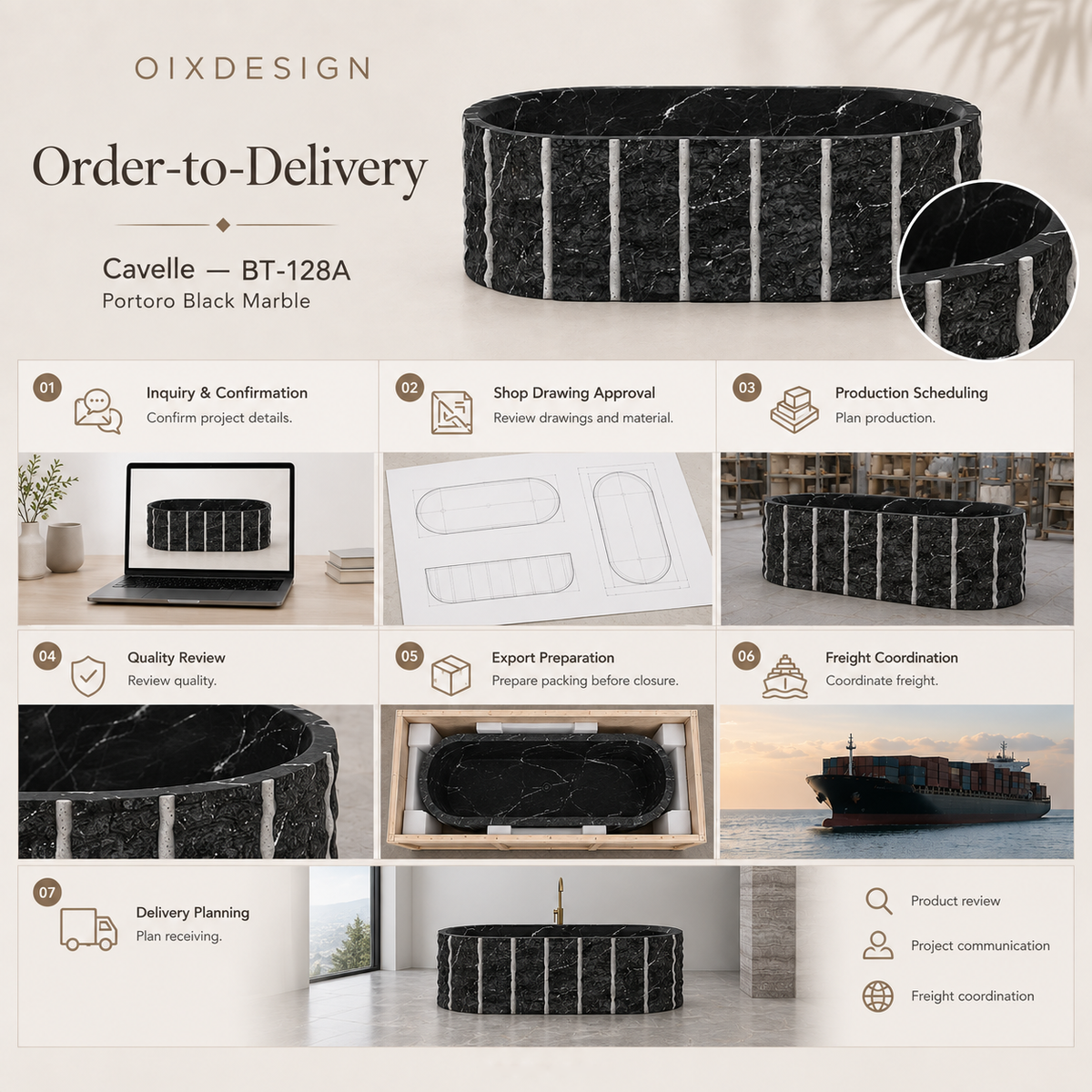 Cavelle BT-128A Portoro Black Marble bathtub — order-to-delivery