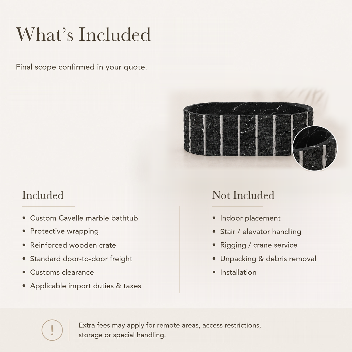 Cavelle Ribbed Freestanding Soaking Bathtub – Portoro Black Marble — What’s Included in the Reference Price.