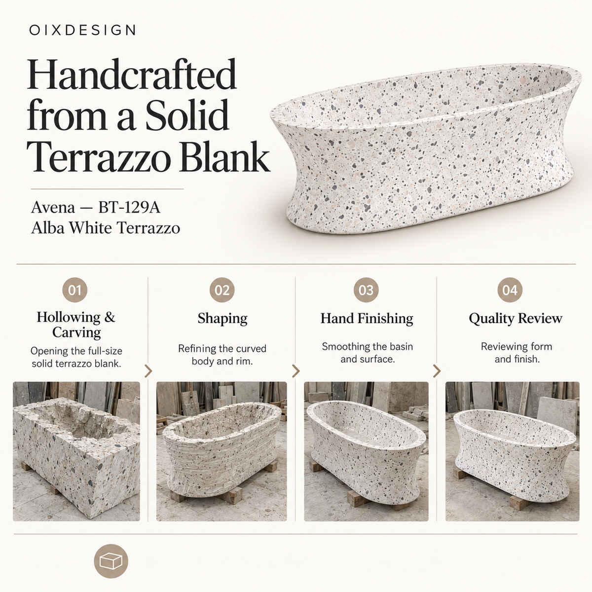 OIXDESIGN Avena BT-129A Alba White Terrazzo bathtub — craftsmanship process overview