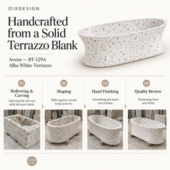 OIXDESIGN Avena BT-129A Alba White Terrazzo bathtub — craftsmanship process overview