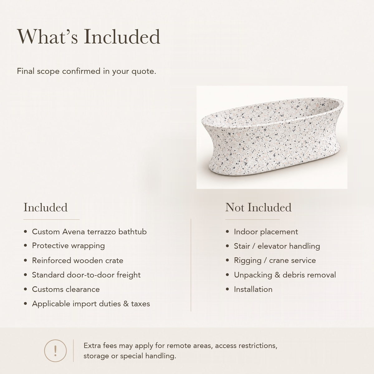 Avena Soft Oval Freestanding Soaking Bathtub – Alba White Terrazzo — What’s Included in the Reference Price.