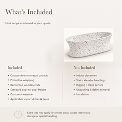 Avena Soft Oval Freestanding Soaking Bathtub – Alba White Terrazzo — What’s Included in the Reference Price.