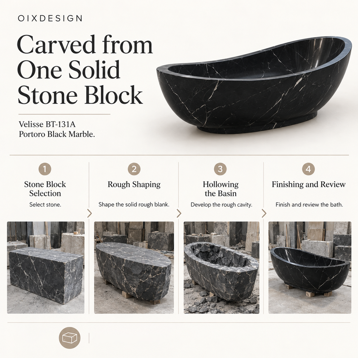 Velisse BT-131A Portoro Black Marble bathtub — craftsmanship and production
