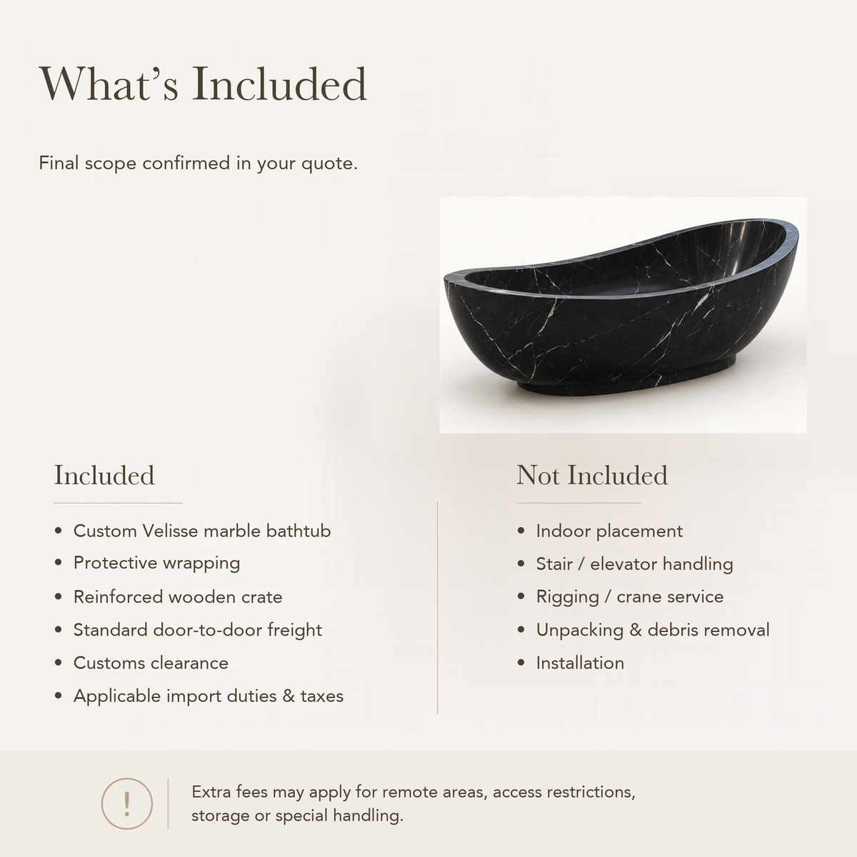 Velisse Deep Oval Freestanding Soaking Bathtub – Portoro Black Marble — What’s Included in the Reference Price.
