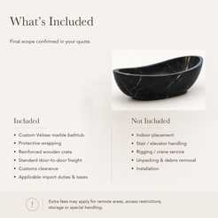 Velisse Deep Oval Freestanding Soaking Bathtub – Portoro Black Marble — What’s Included in the Reference Price.
