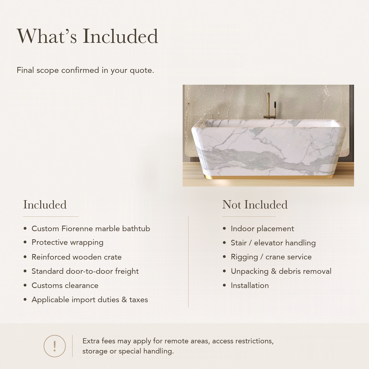 Fiorenne Tapered Rectangular Freestanding Soaking Bathtub – Italian Firenze Marble — What’s Included in the Reference Price.
